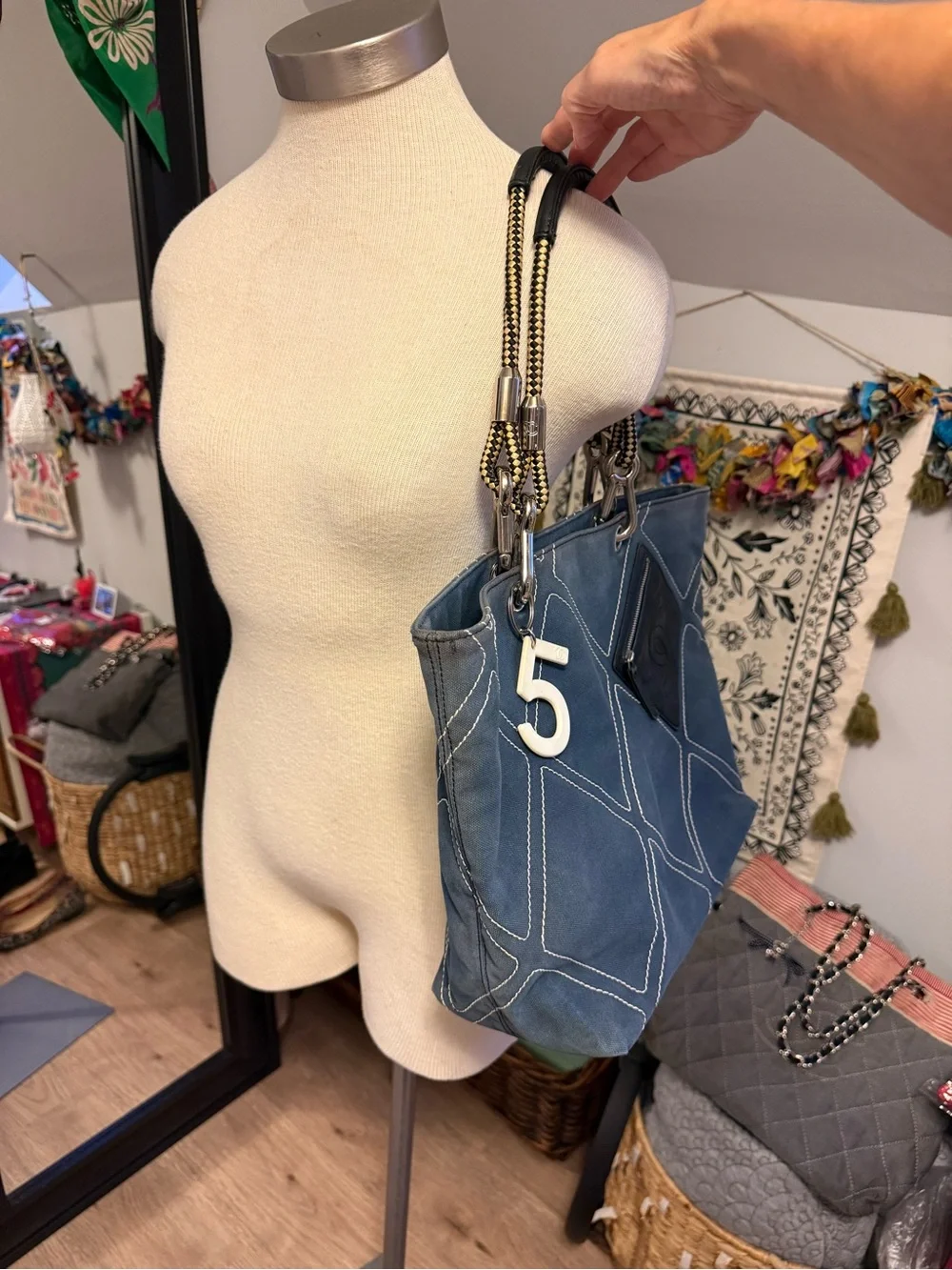 Chanel Navy Blue Tote with Number 5 Charm and Black Leather Pocket